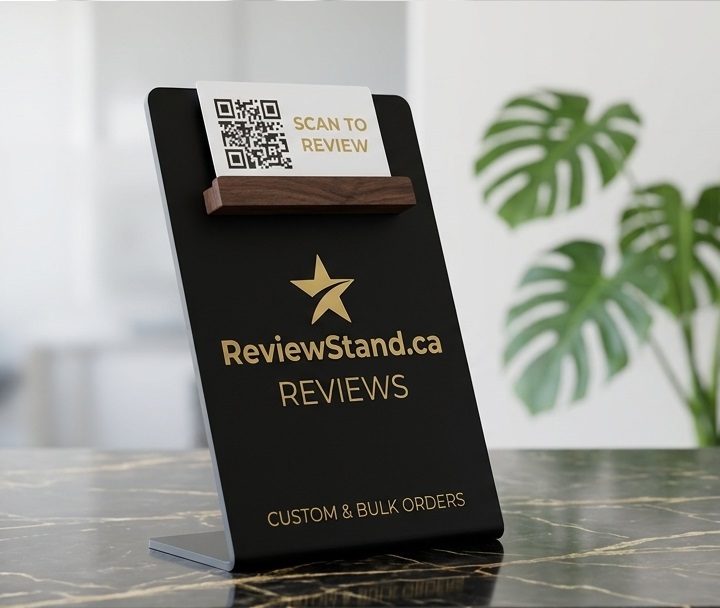 Matte black ReviewStand with gold foil branding and a walnut card holder